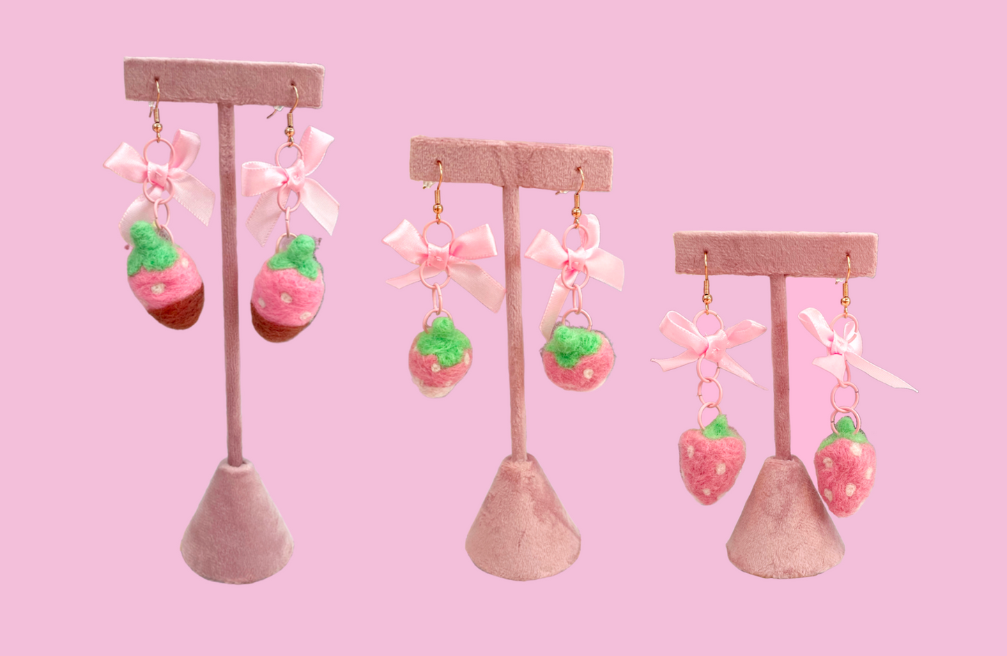 Needle Felted Dipped Cream Strawberry & Bow Earrings