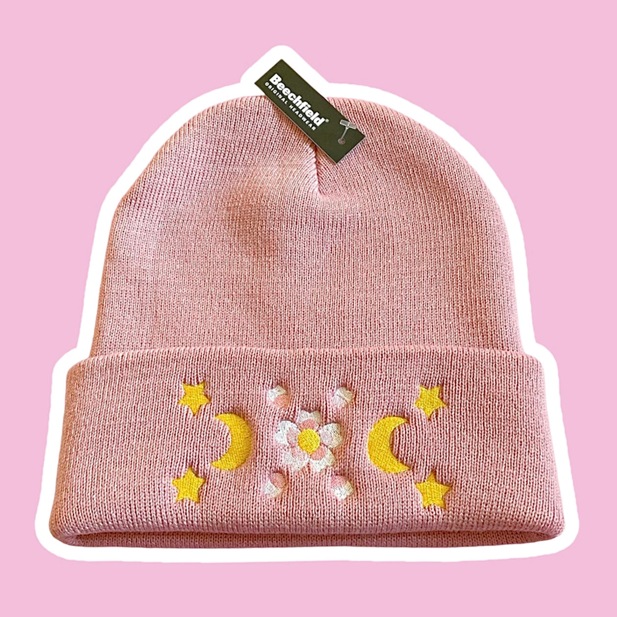 Sakura Moon Embroidered Pink Beanie