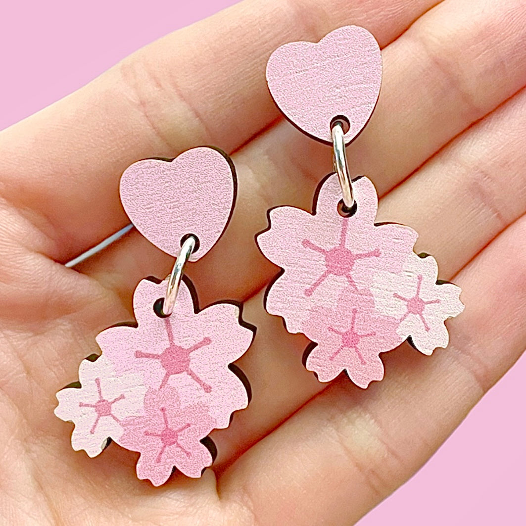 Heart & Sakura Wooden Earrings