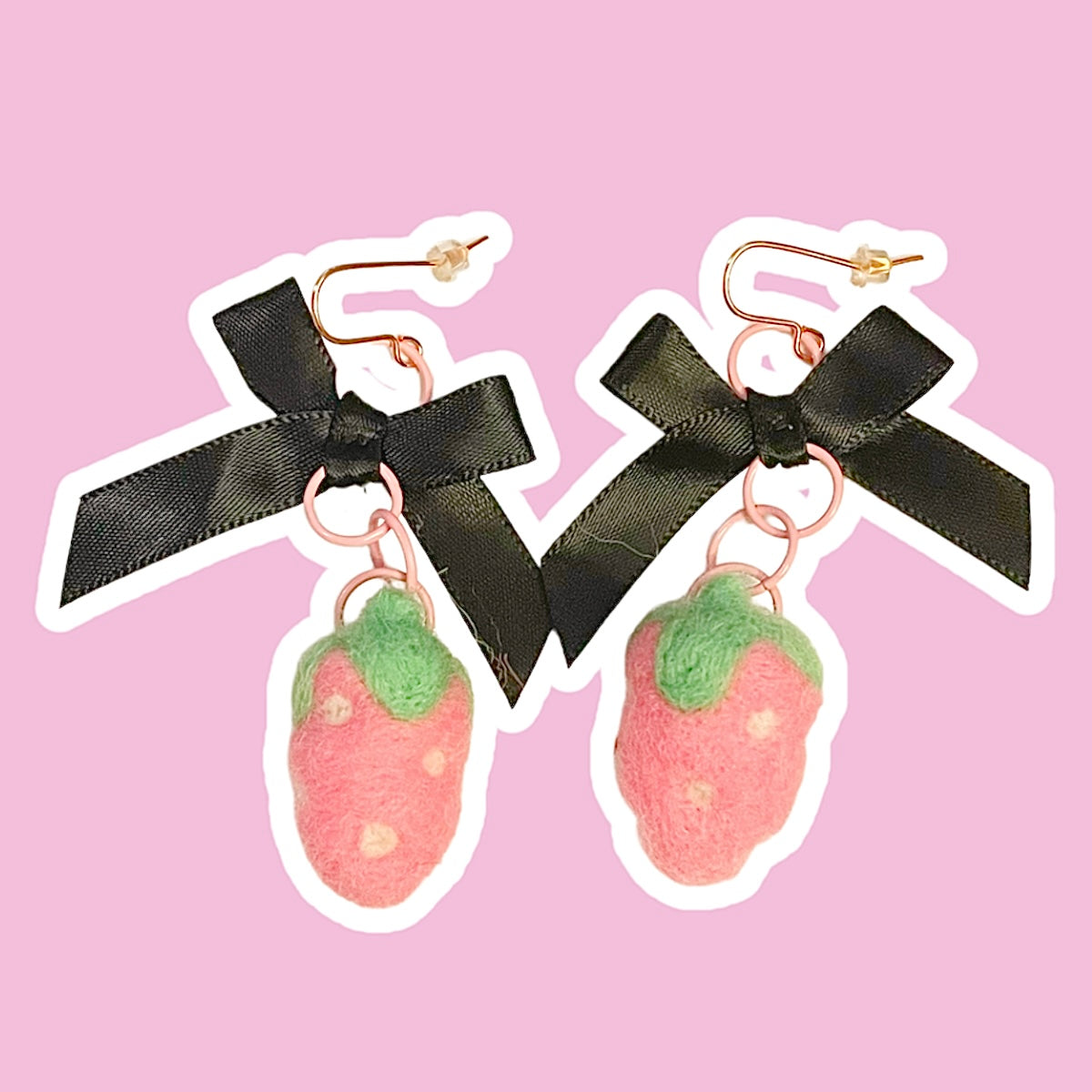 Needle Felted Plain Strawberry & Bow Earrings