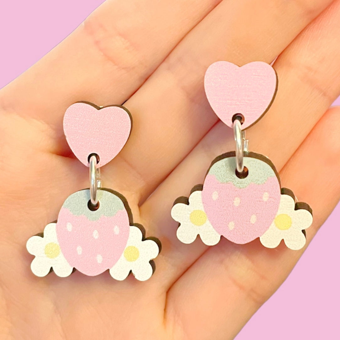 Heart & Strawberry Wooden Earrings