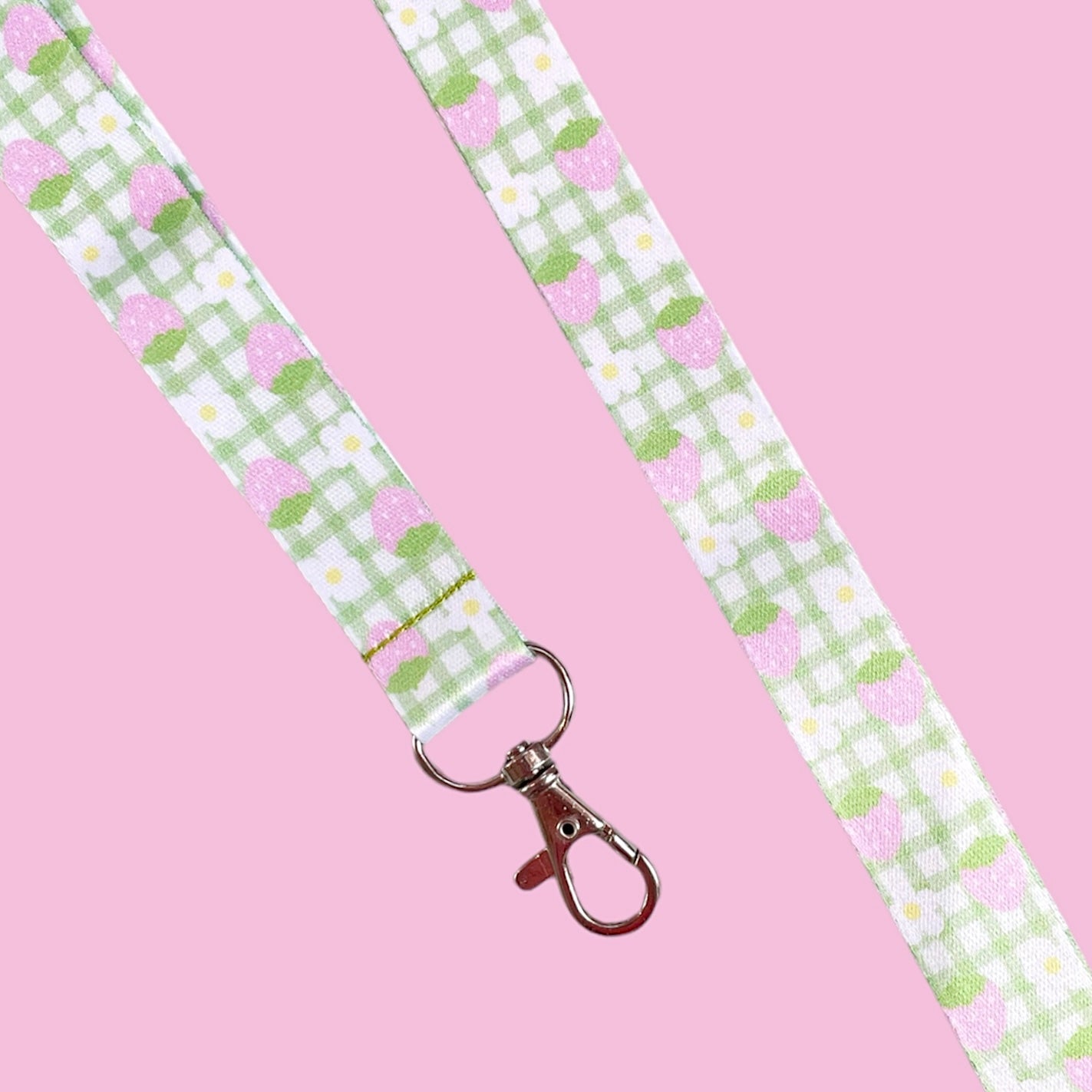 Pink Strawberry and Green Gingham Lanyard