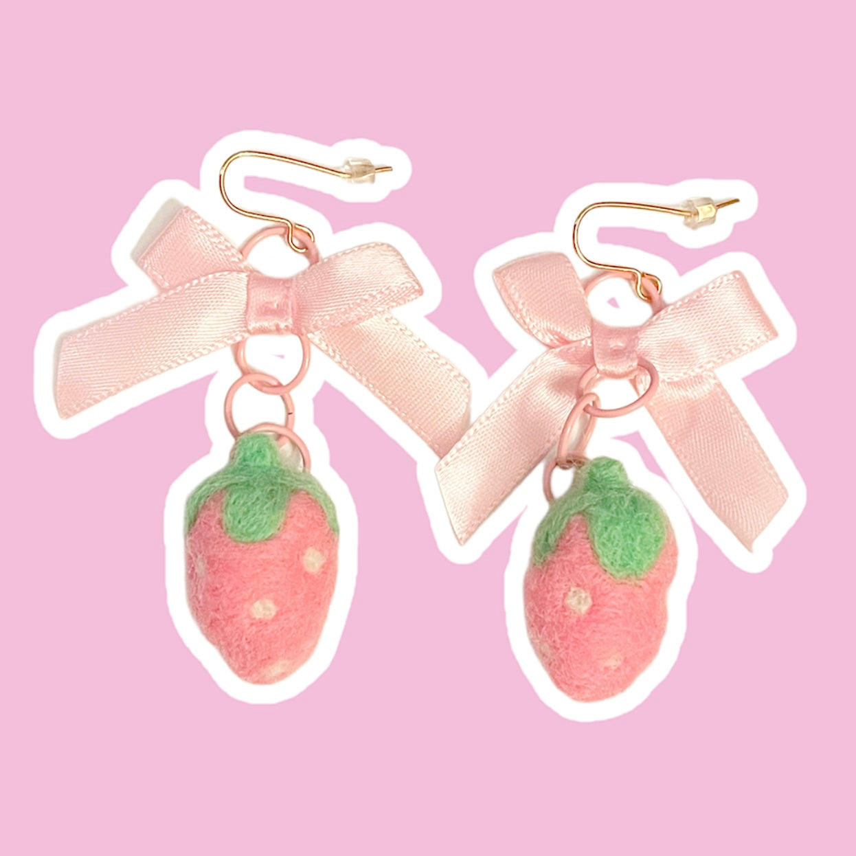 Needle Felted Plain Strawberry & Bow Earrings