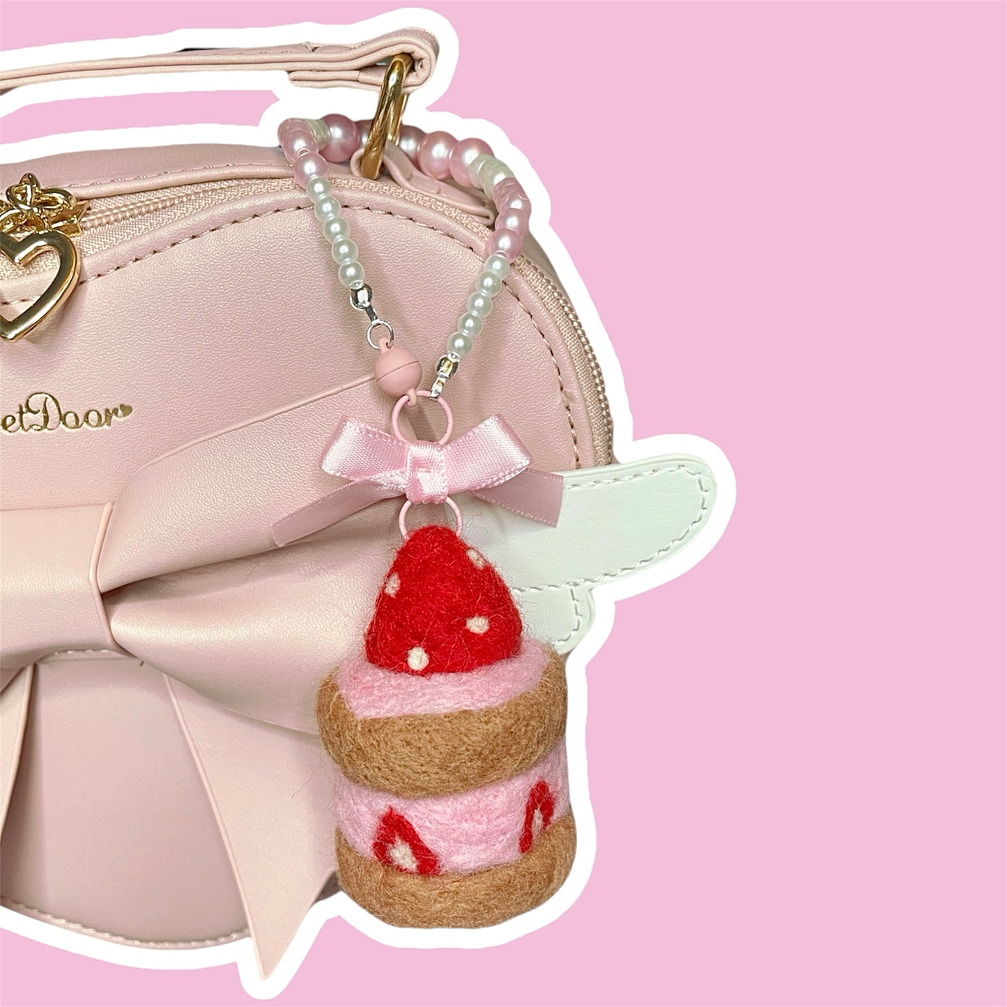 Needle Felted Strawberry Cake Bag Charm