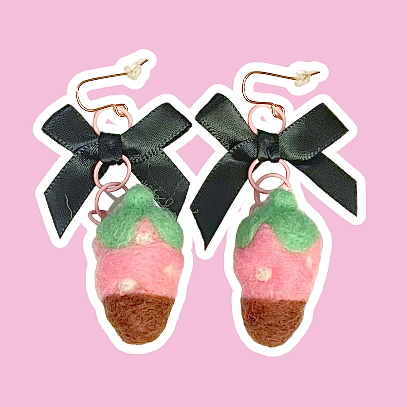 Needle Felted Dipped Chocolate Strawberry & Bow Earrings