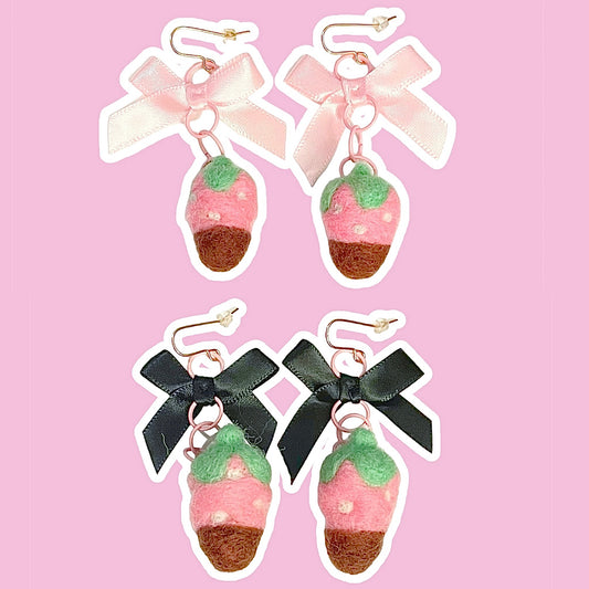 Needle Felted Dipped Chocolate Strawberry & Bow Earrings