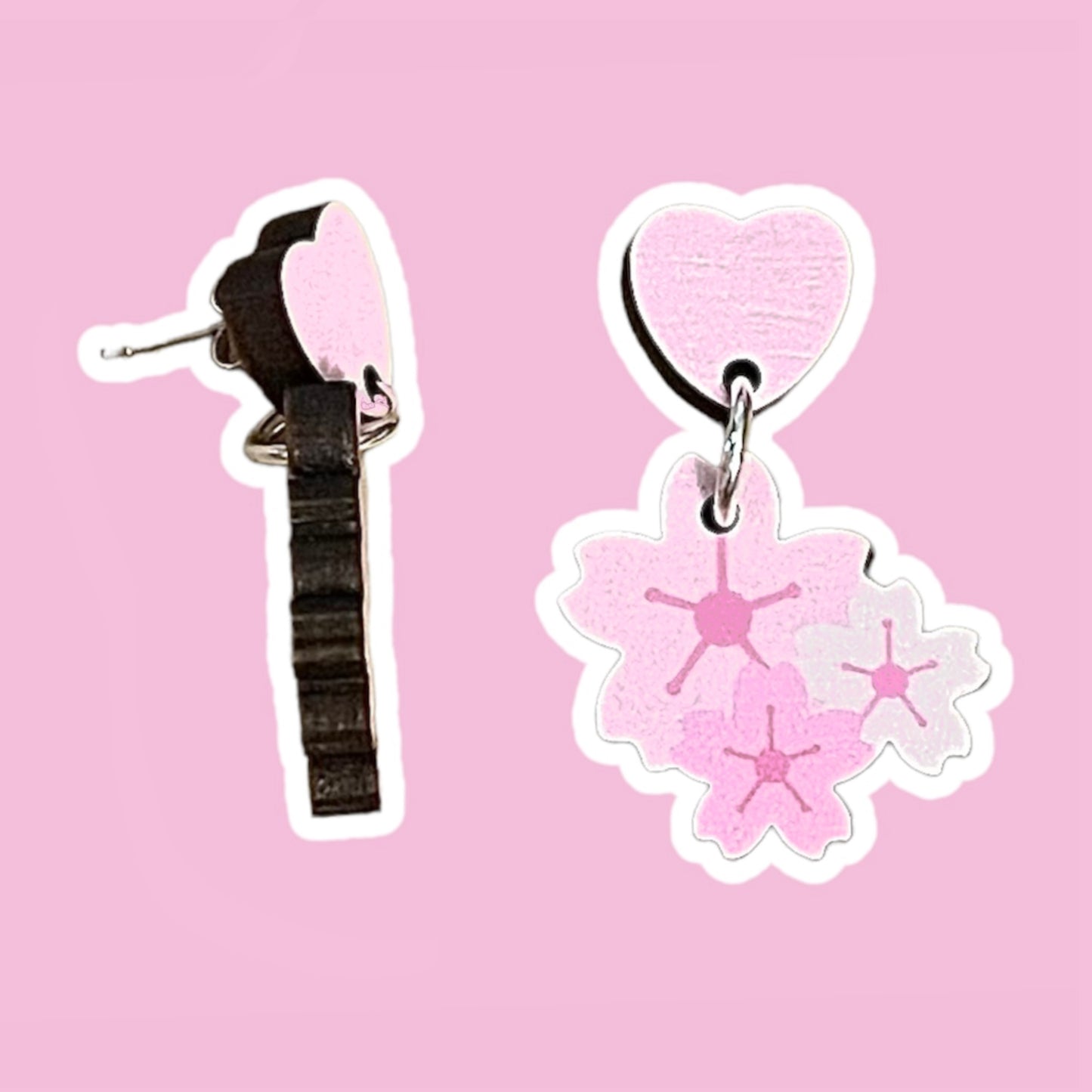 Heart & Sakura Wooden Earrings