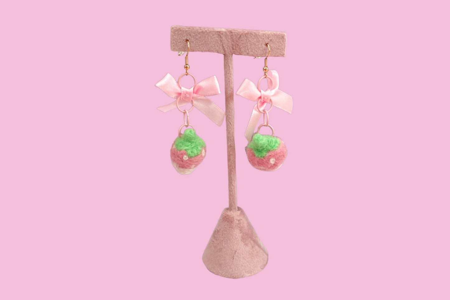 Needle Felted Dipped Cream Strawberry & Bow Earrings