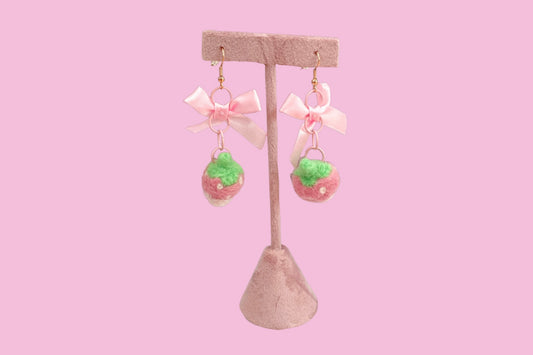 Needle Felted Dipped Cream Strawberry & Bow Earrings