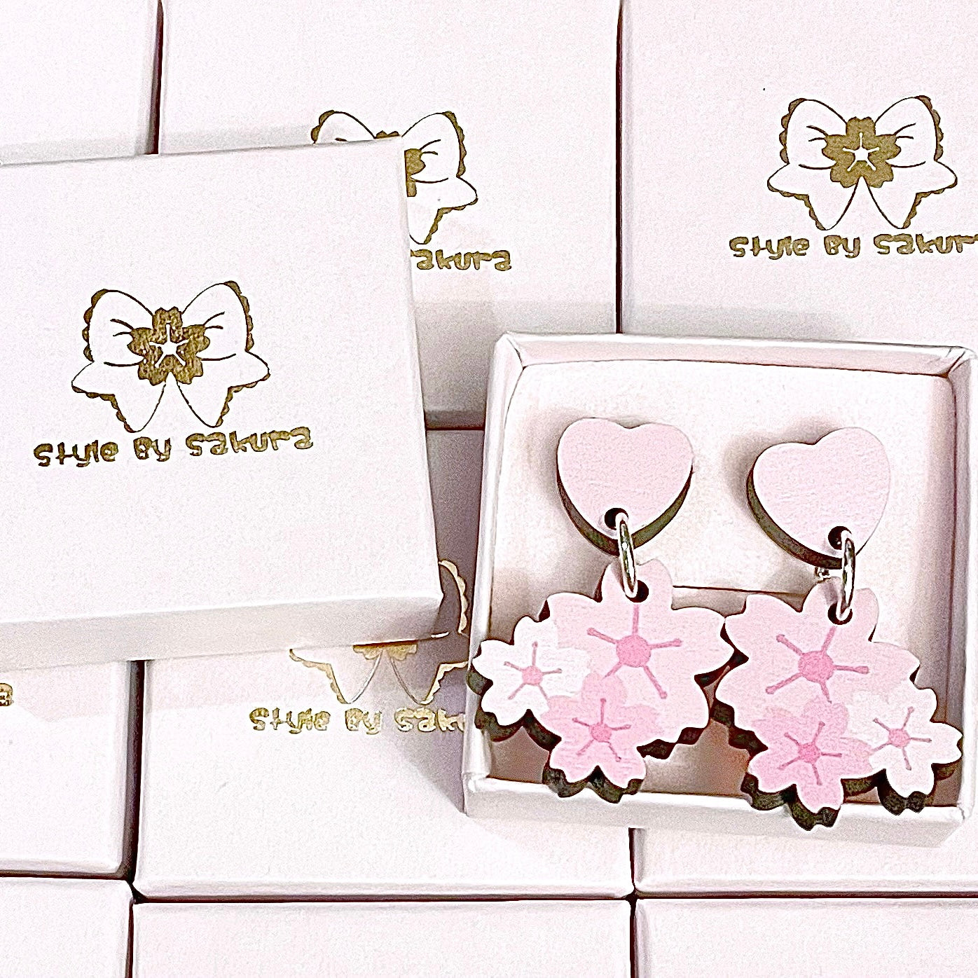 Heart & Sakura Wooden Earrings