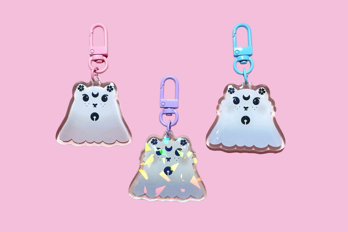 Pink Glitter Cat Ghost Keychain