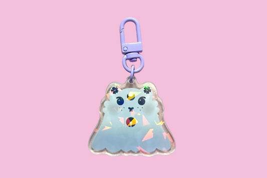 Purple Holographic Cat Ghost Keychain
