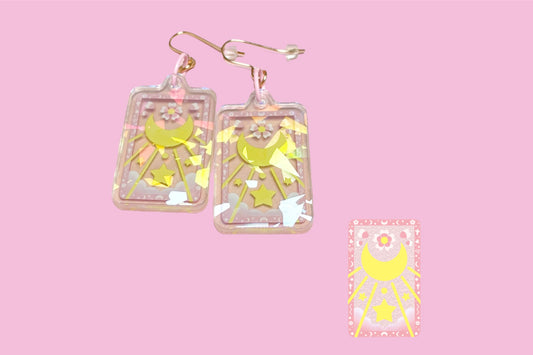 Holographic Sakura Moon Tarot Card Acrylic Earrings