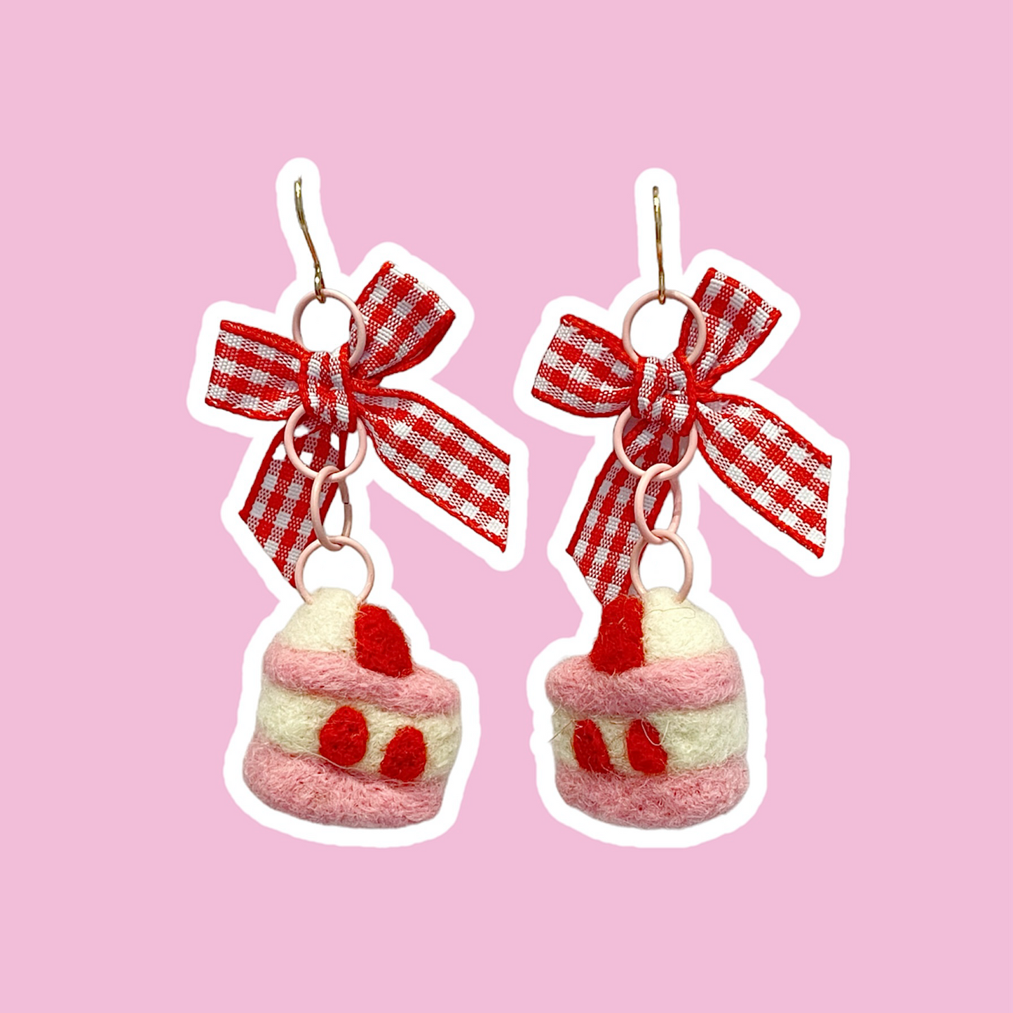 Needle Felted Strawberry Cake Slice Earrings