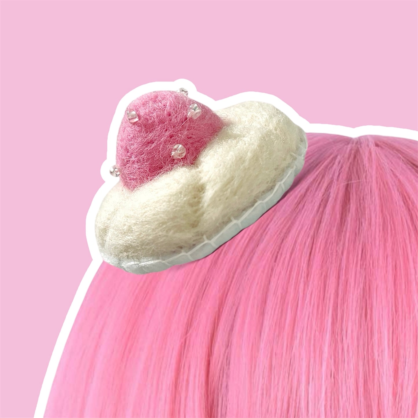 Needle Felted Strawberry Whipped Cream Hair Clip - Pink