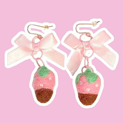 Needle Felted Dipped Chocolate Strawberry & Bow Earrings