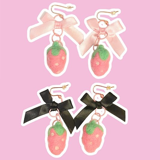 Needle Felted Plain Strawberry & Bow Earrings